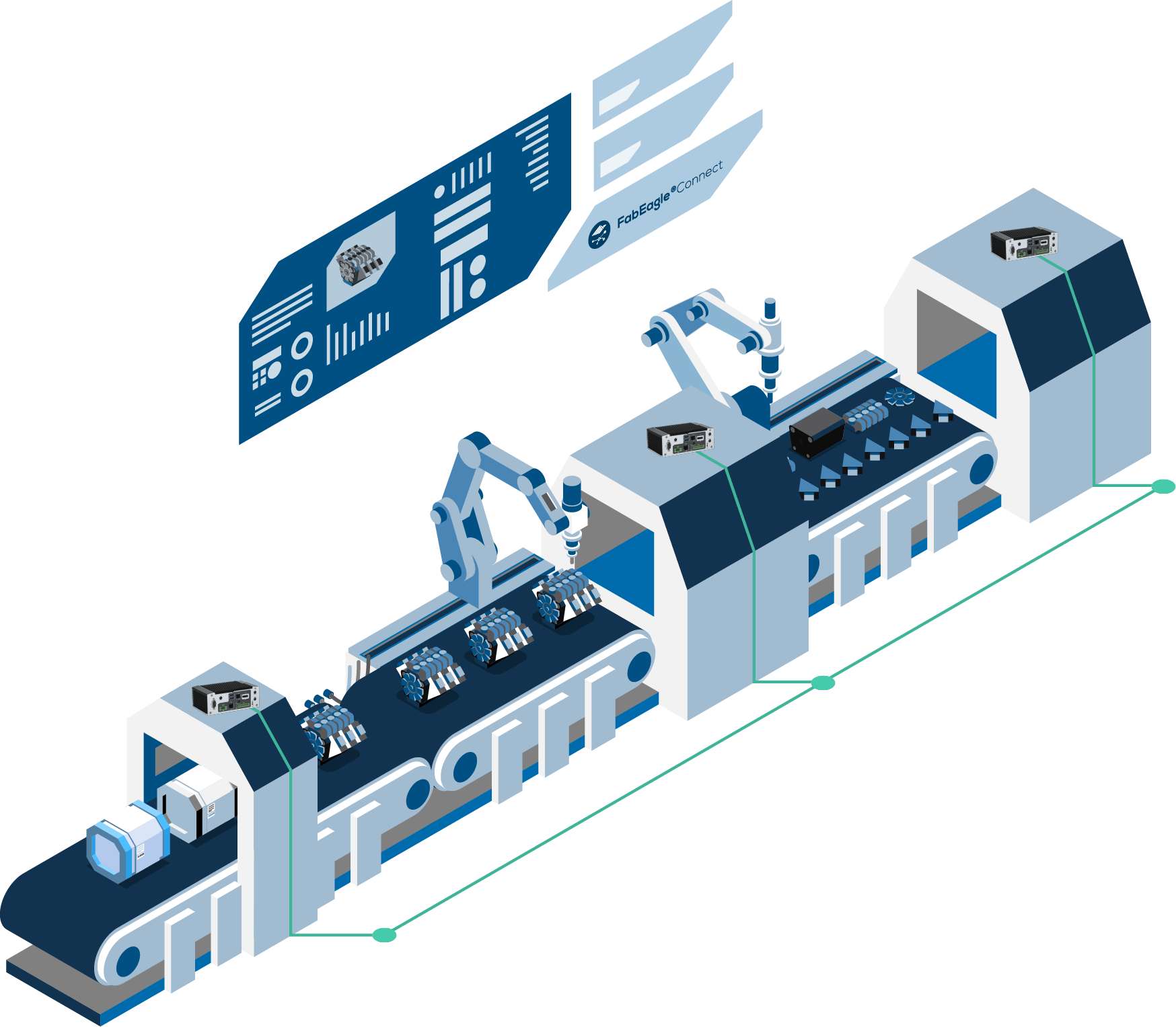 A stylized illustration of an automated assembly line featuring robotic arms, a conveyor belt, and various components being assembled. Data displays are shown above the assembly line, indicating monitoring and control features. The color scheme includes shades of blue and white, suggesting a modern, high-tech environment.