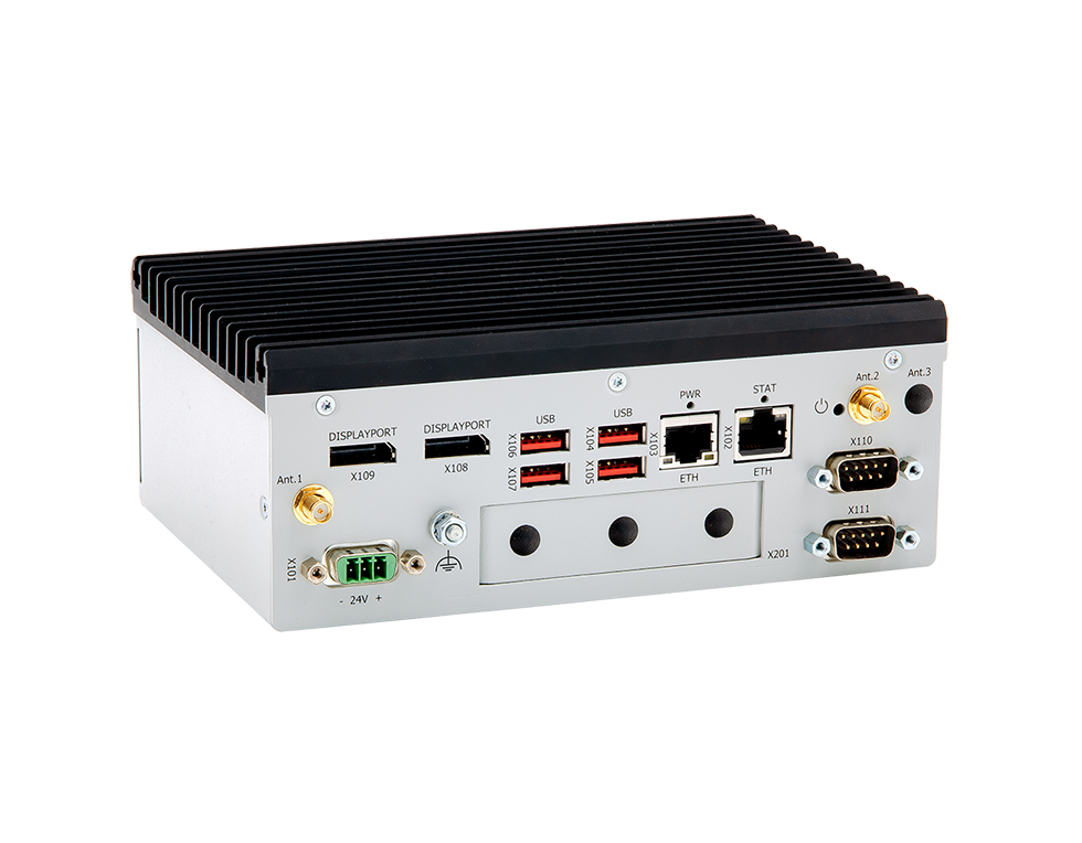 A compact industrial computer featuring multiple ports including DisplayPort, USB, Ethernet, and serial connections. It has a robust metal casing with a heatsink on top.