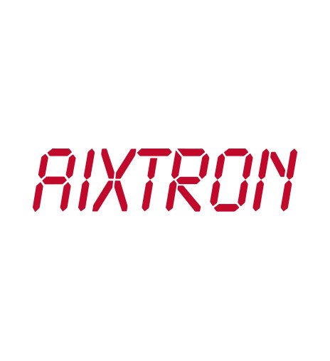 Red digital display of the word "AIXTRON" on a white background.