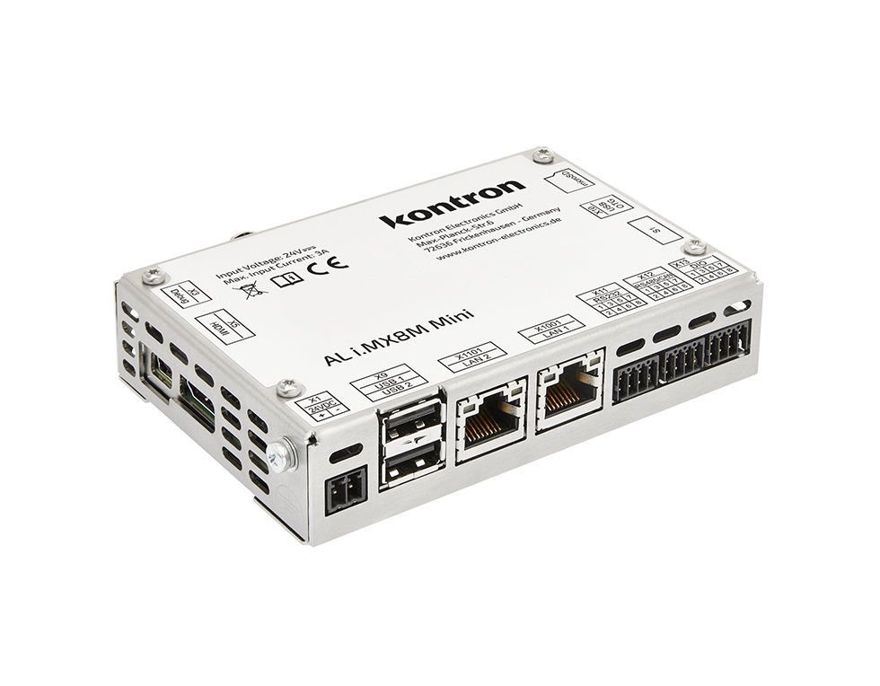 A compact industrial computer featuring multiple Ethernet ports, USB connections, and various input/output interfaces on a metal casing. The front is labeled with the brand "Kontron" and includes electrical specifications and certification markings.