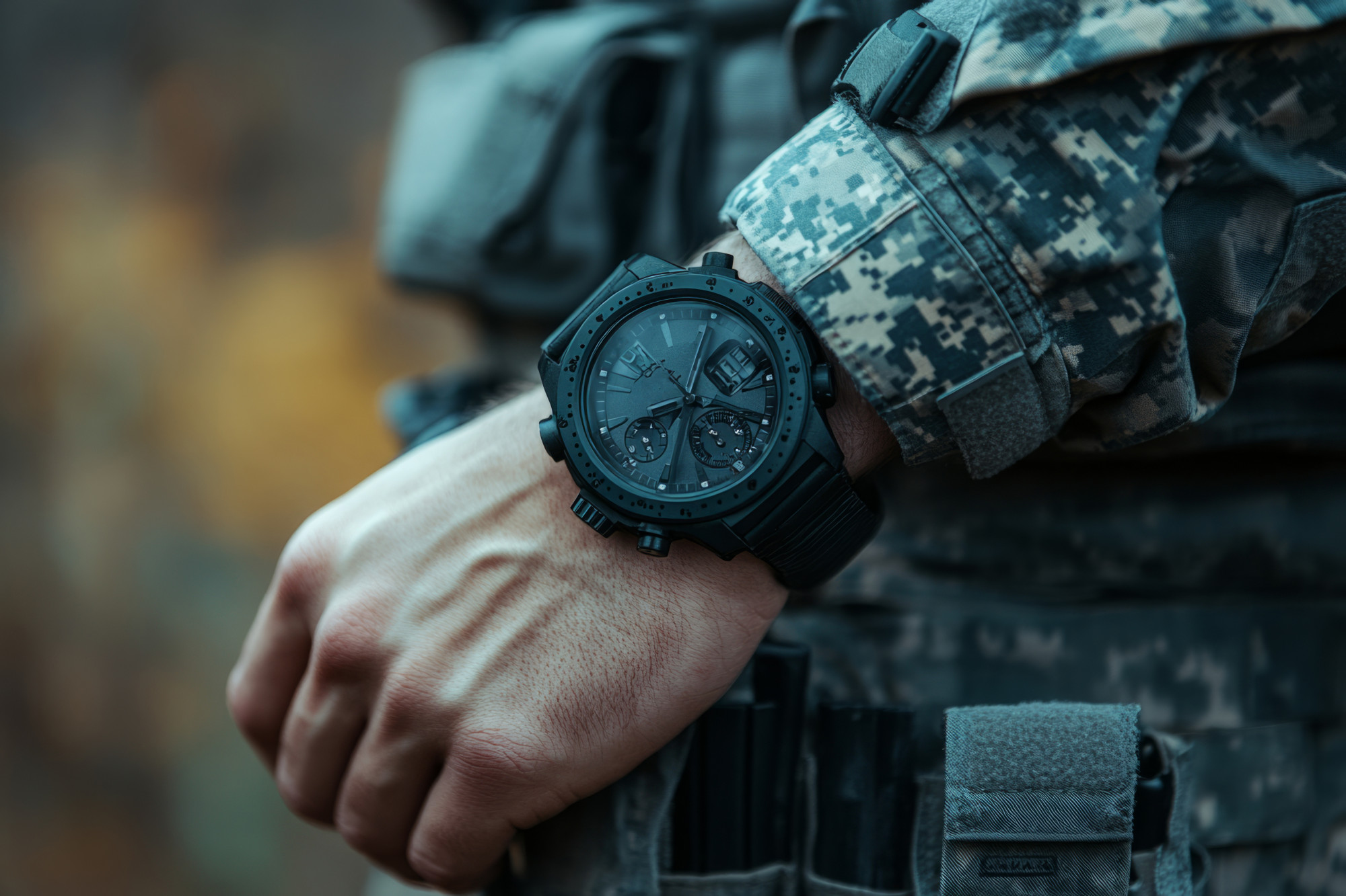 A close-up of a hand wearing a black digital watch, resting on a military uniform with camouflage patterns. The watch features multiple dials and a rugged design, emphasizing a tactical aesthetic. The background is blurred with earthy tones.