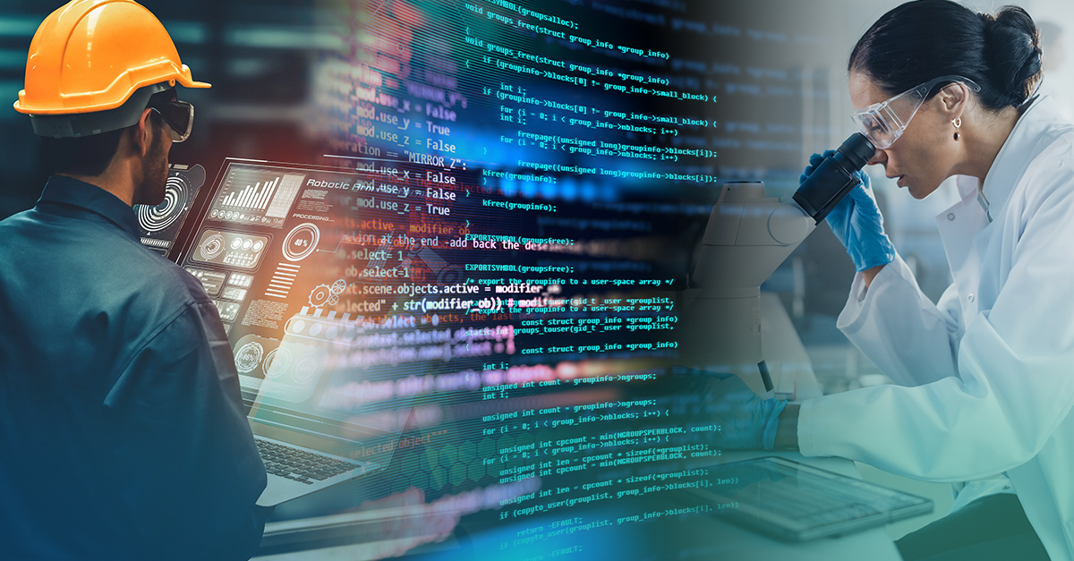 A split image featuring a construction worker wearing a hard hat and goggles, using a laptop on the left, and a scientist in a lab coat and safety goggles, examining a sample under a microscope on the right. Background filled with green code and digital graphics, emphasizing technology in both fields.