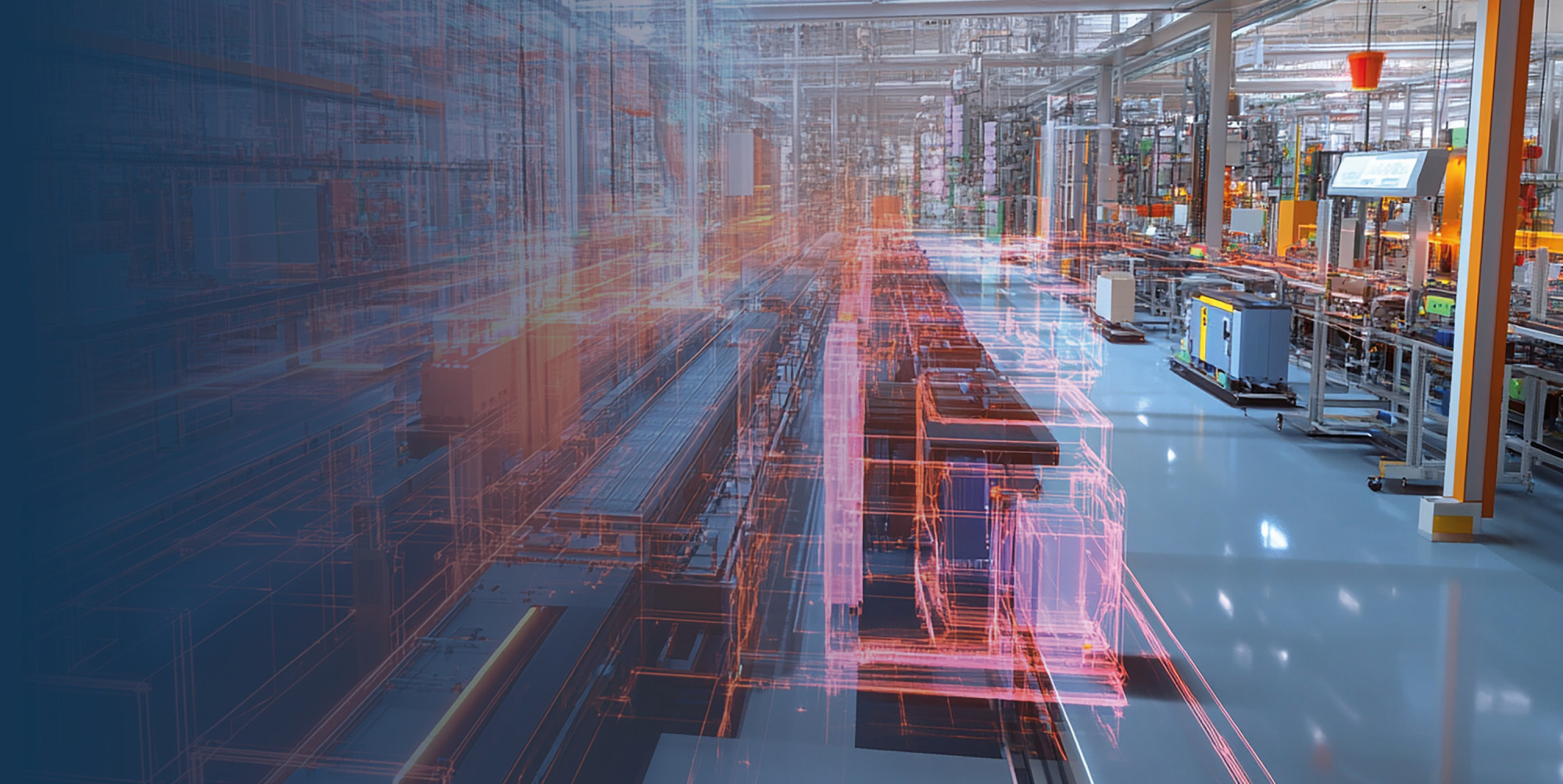 A futuristic factory interior with glowing digital overlays representing machinery and workflows. The space is filled with automated equipment and production lines, highlighting advanced manufacturing technology.