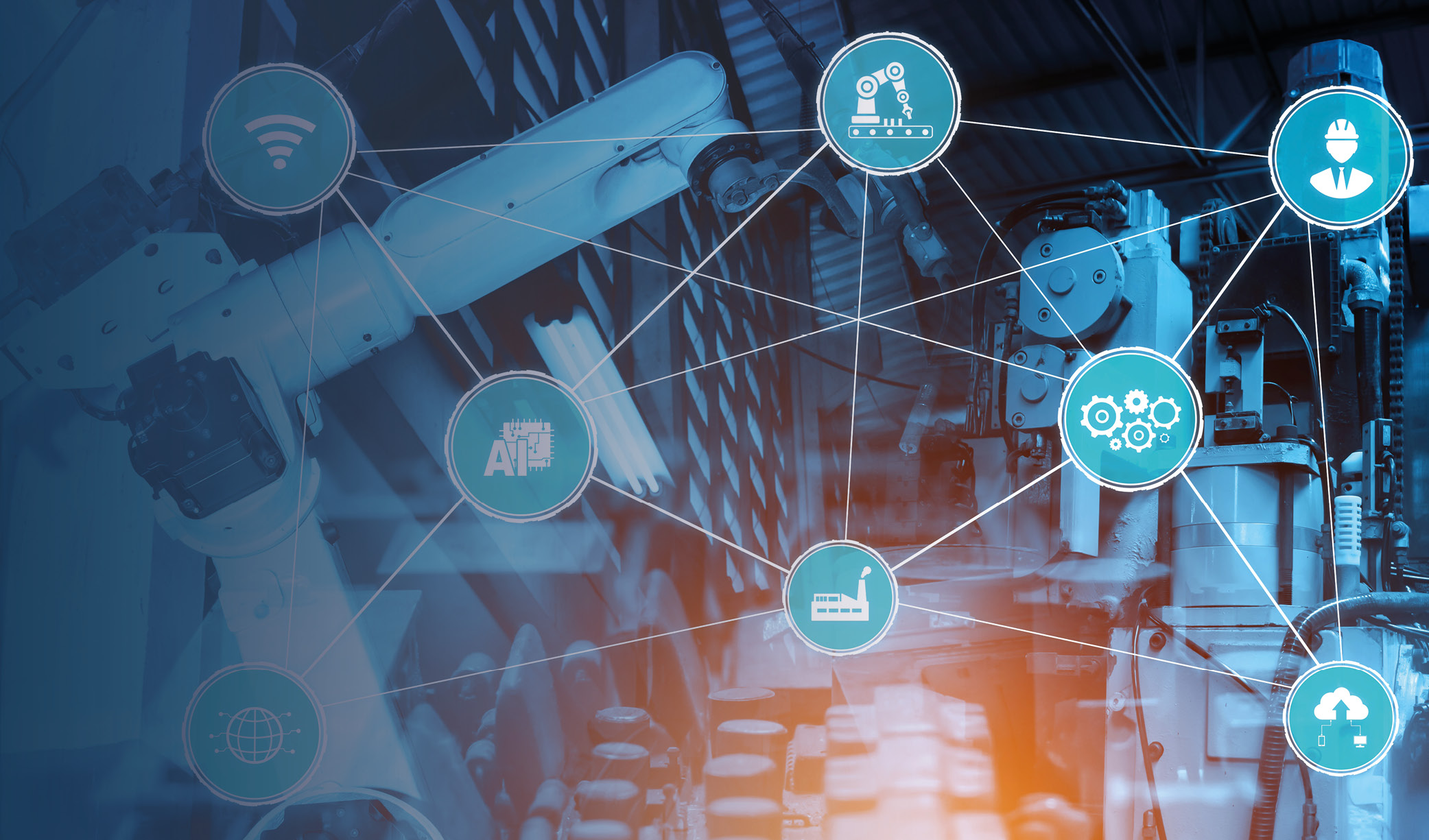 A robotic arm is featured in a high-tech industrial setting, surrounded by interconnected icons representing technologies like AI, automation, and manufacturing processes.