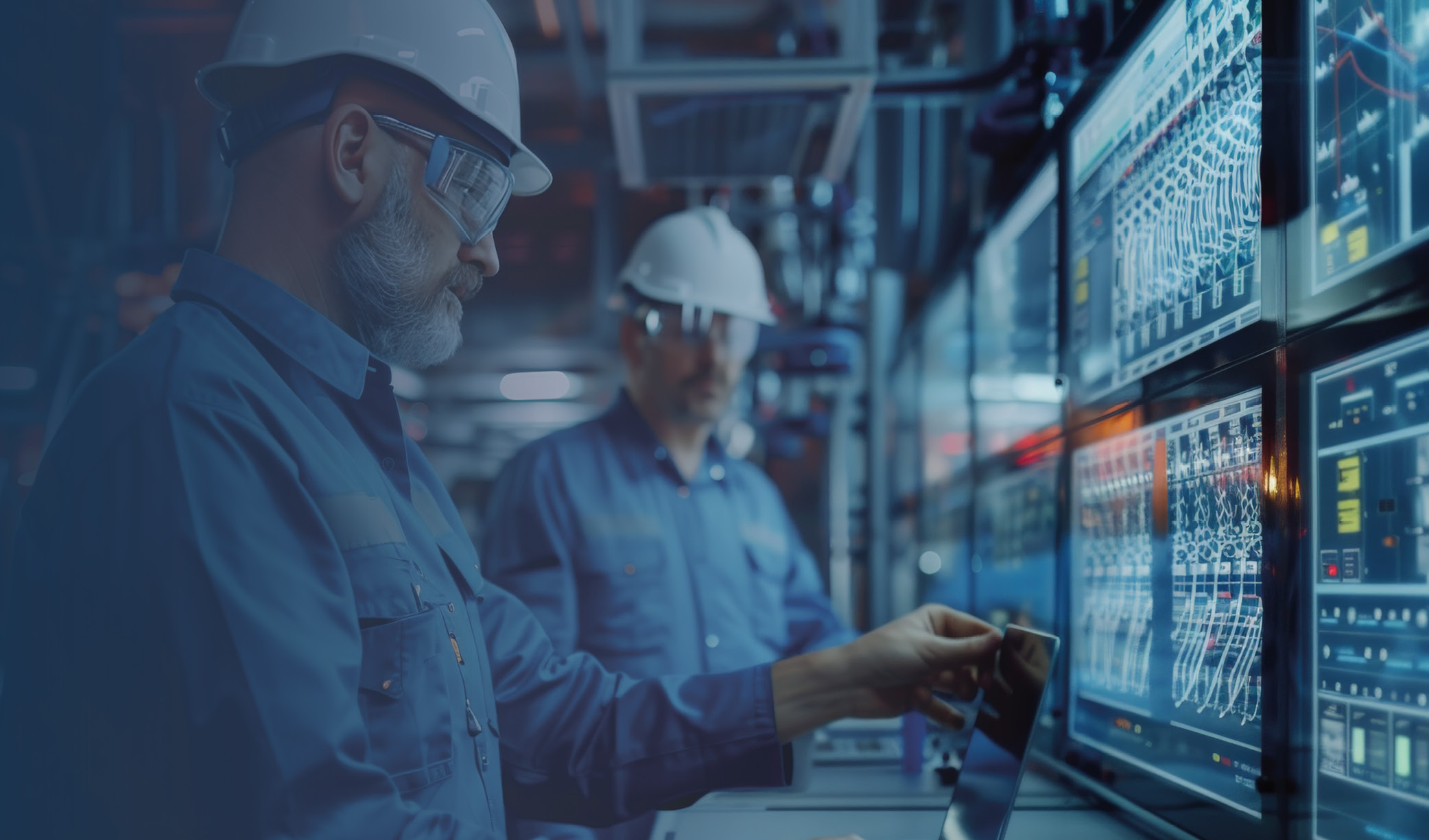 Two workers in hard hats and safety goggles monitor high-tech screens in a control room. One is using a tablet while the other focuses on the displays, which show complex data and graphs. The environment is dimly lit, emphasizing the bright screens.