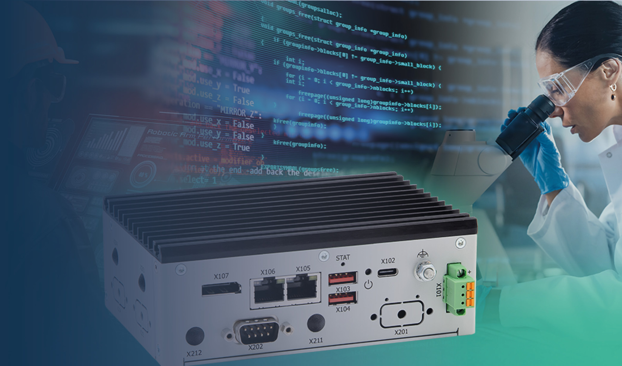 A technology device with multiple ports and connectors sits in the foreground. In the background, a scientist examines samples under a microscope, alongside computer code and data visualizations.