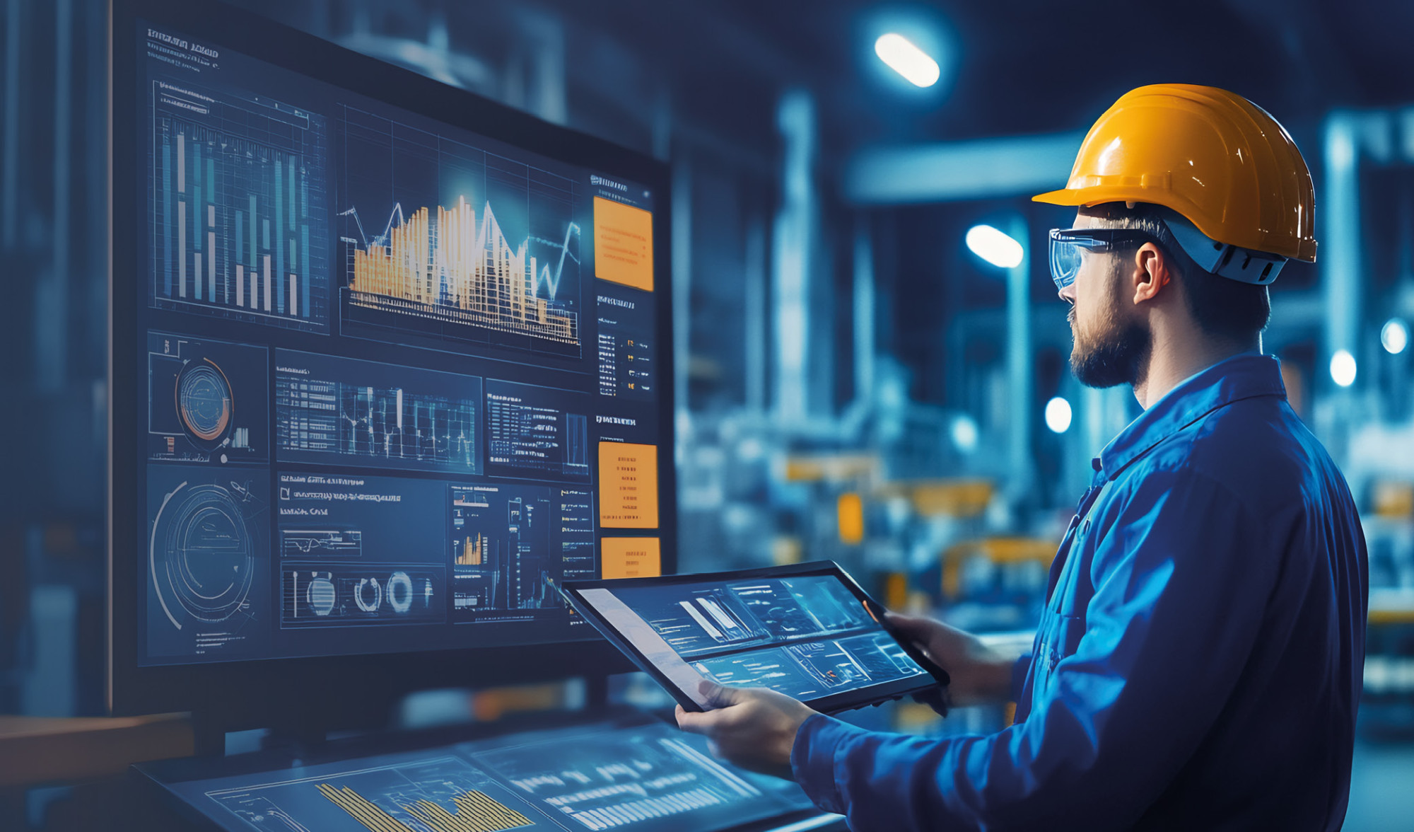 A construction worker wearing a yellow hard hat and glasses is analyzing digital data on a large screen and a tablet. The screen displays various graphs and charts in a warehouse setting, emphasizing technology and data analysis in a work environment.