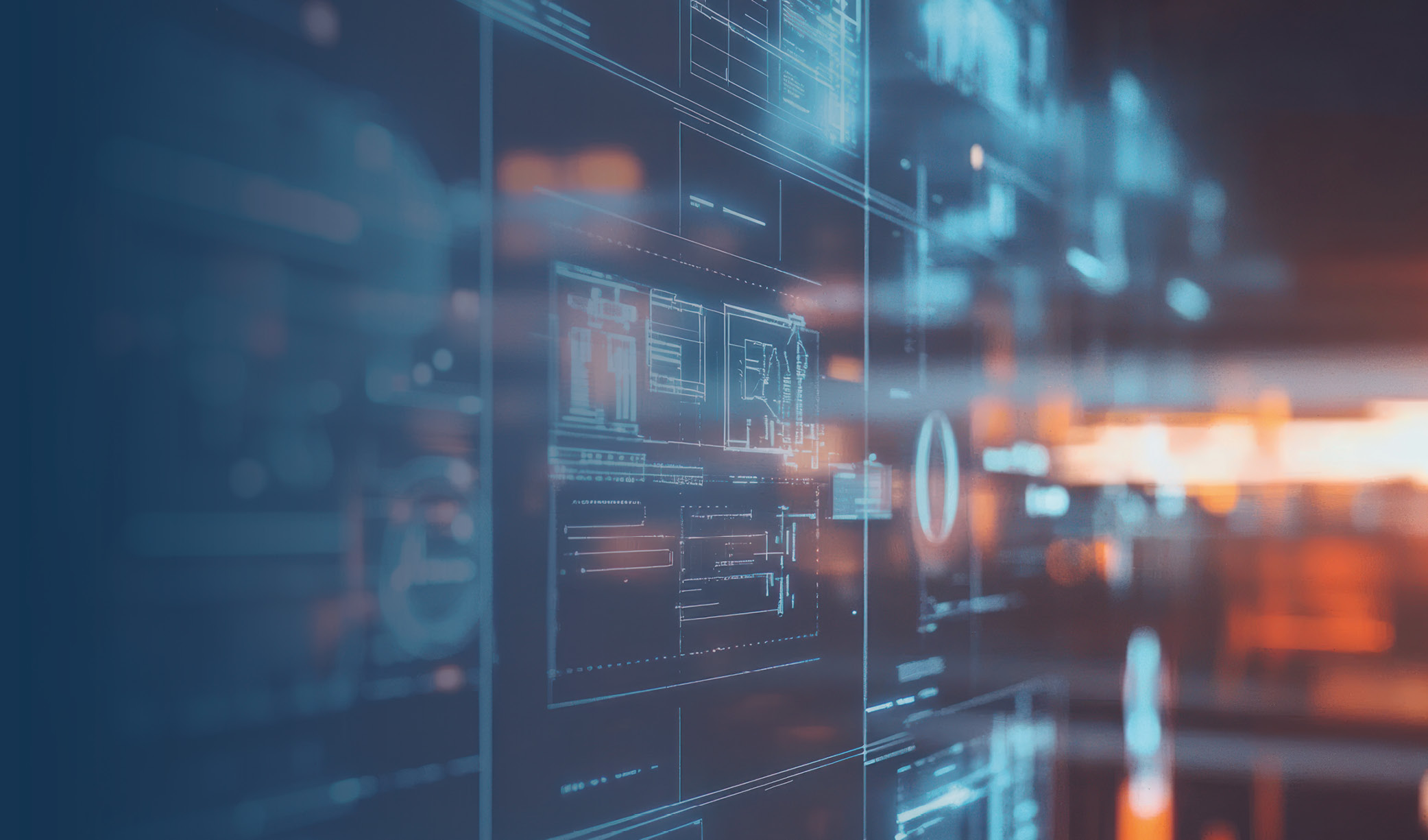 A futuristic interface displays a series of technical schematics and digital graphics, illuminated with blue and orange tones, creating a high-tech atmosphere.