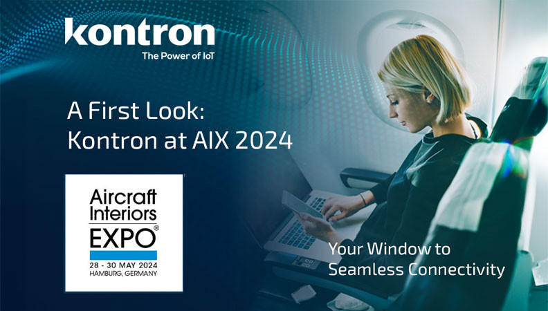 A woman sitting in an aircraft seat using a laptop, with promotional text highlighting Kontron's participation in Aircraft Interiors Expo 2024 in Hamburg, Germany.