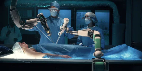 A surgical robot is performing an operation on a patient lying on an operating table. Two surgeons, dressed in scrubs, masks, and gloves, assist the robot. The room is dimly lit with blue tones, highlighting the advanced technology in use.