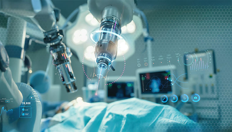 A robotic surgical system hovering above a patient on an operating table, with digital displays showing medical data and instruments. Bright surgical lights illuminate the scene, and monitors display vital signs and graphical data.