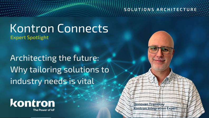 A man with glasses and a short beard stands in front of a digital background featuring blue network patterns. Text highlights his expertise in solutions architecture, discussing the importance of tailoring solutions to industry needs.