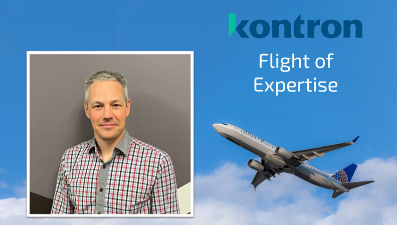 A professional man with short gray hair, wearing a plaid shirt, is featured alongside a blue sky with clouds and an airplane in flight. The text "kontron" and "Flight of Expertise" is displayed prominently.