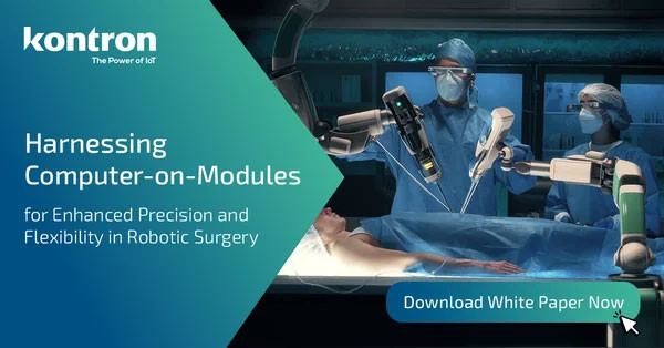 A robotic surgical setup shows a patient on the operating table while a surgeon and assistant, both wearing protective gear, use robotic arms to perform a procedure. Text highlights "Harnessing Computer-on-Modules for Enhanced Precision and Flexibility in Robotic Surgery" and includes a call to download a white paper.