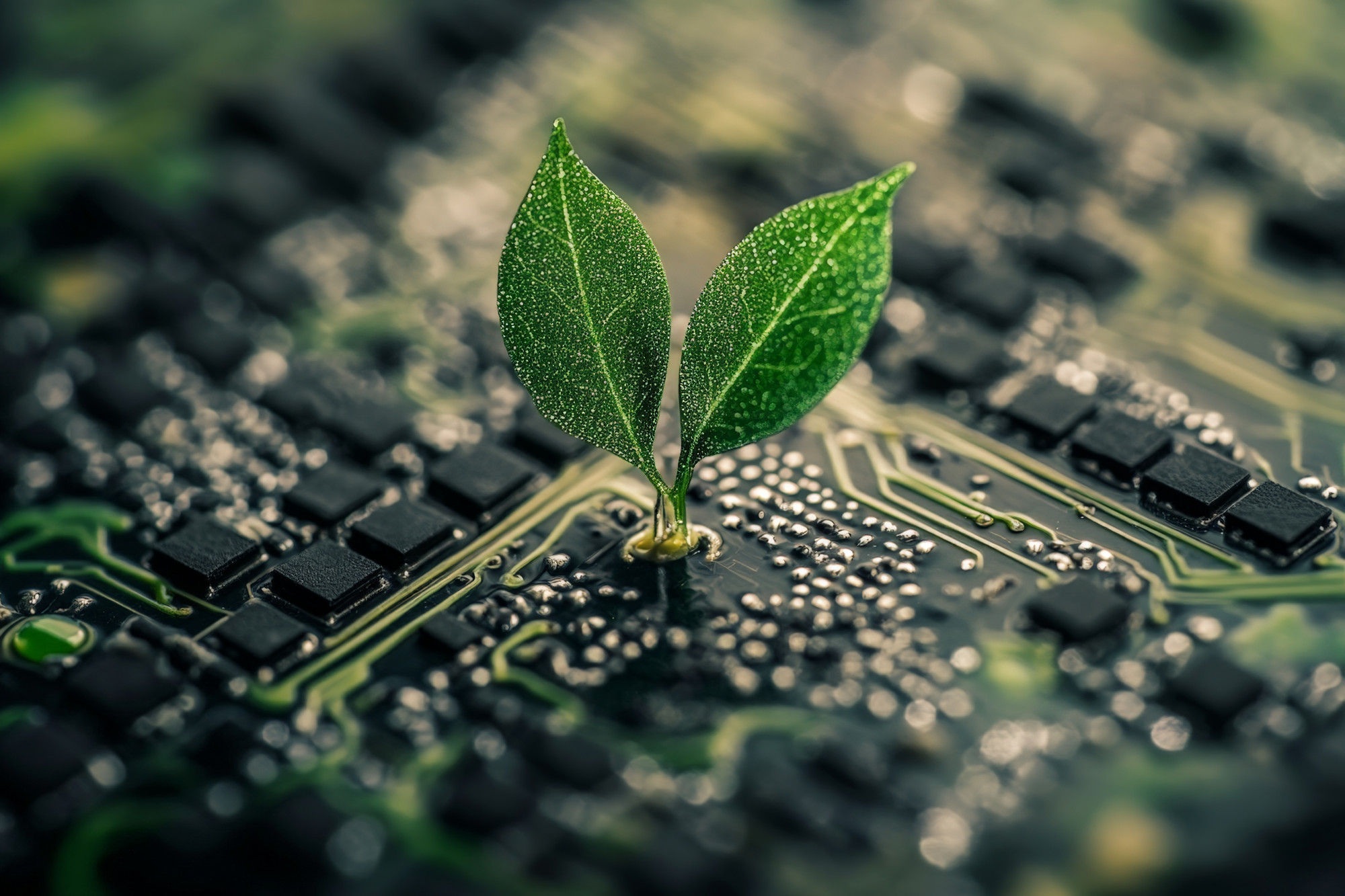 A close-up of a small green plant with two leaves sprouting from a circuit board, symbolizing the fusion of nature and technology.