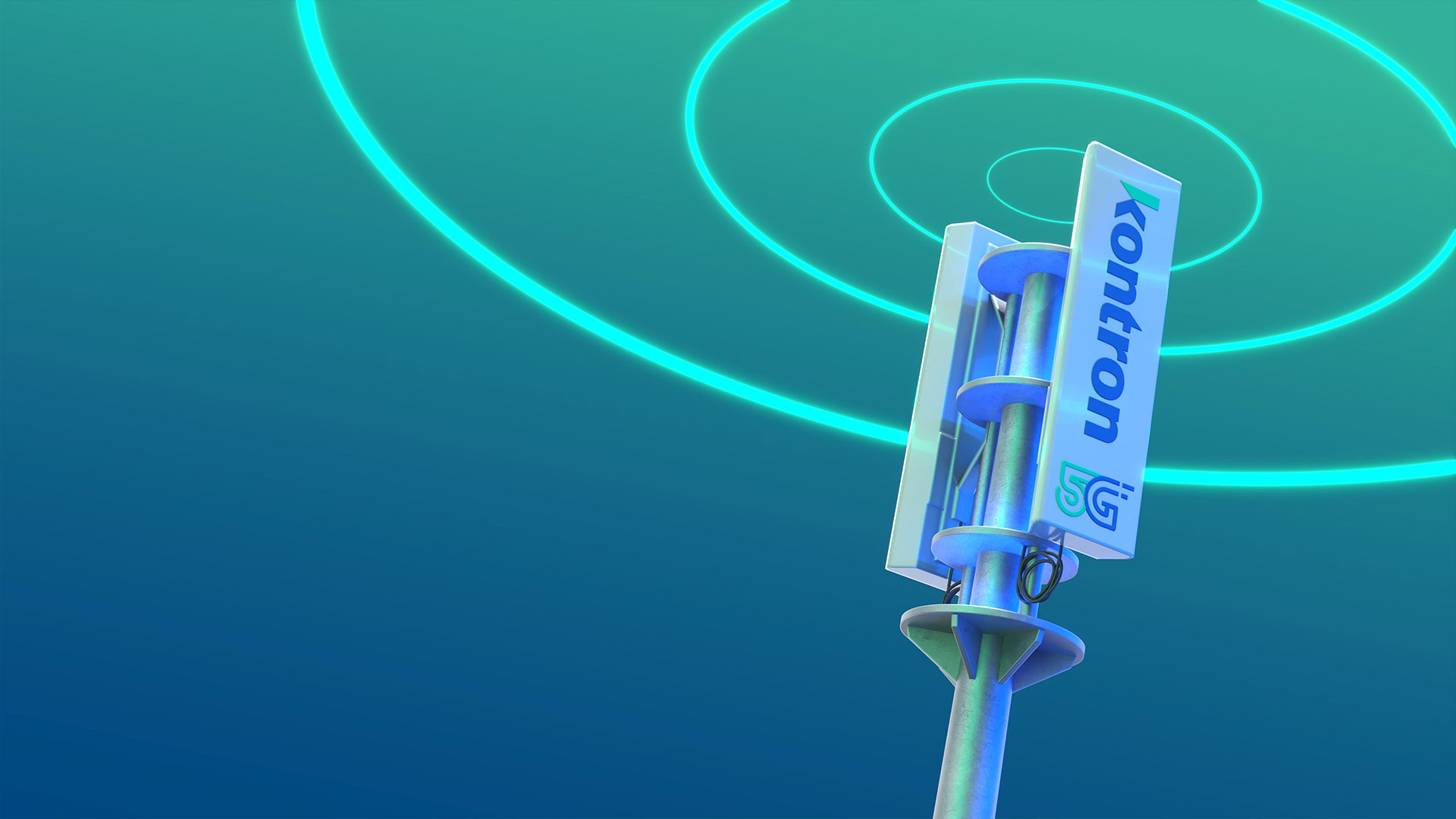 Ein 5G-Masten mit dem Schriftzug "Kontron" ist im Vordergrund sichtbar. Um ihn herum sind emanierende Wellenlinien, die die Signalübertragung symbolisieren. Der Hintergrund ist in einem sanften Farbübergang von Blau- zu Türkistönen gehalten.