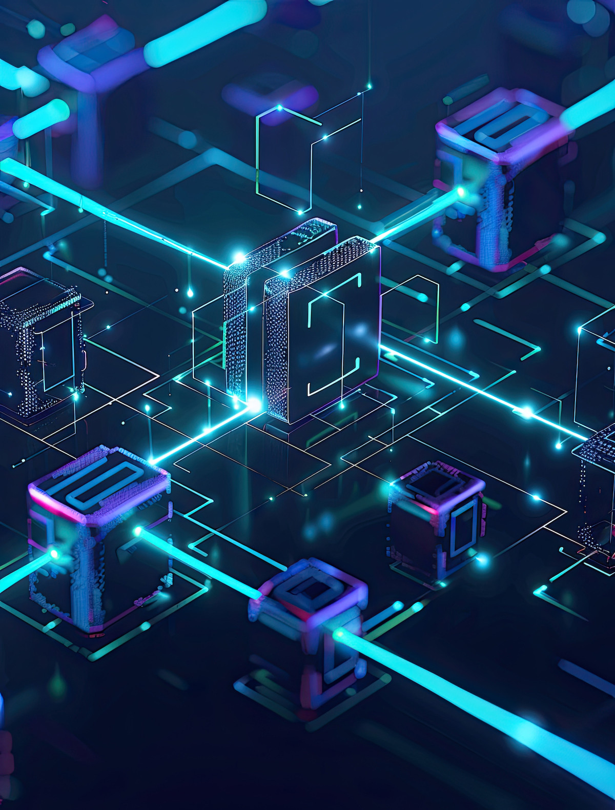 A futuristic digital landscape featuring interconnected glowing cubes and lines, illuminated in shades of blue and purple, creating a high-tech, abstract network design.