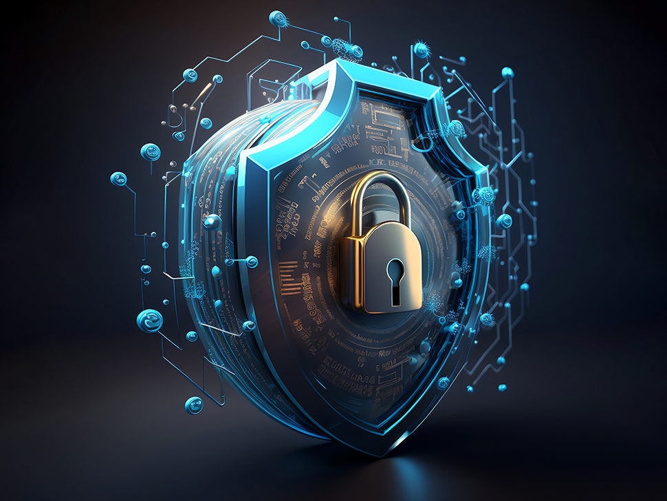 A digital shield with a golden padlock at its center, surrounded by glowing blue circuitry and bubbles, representing cybersecurity and protection.