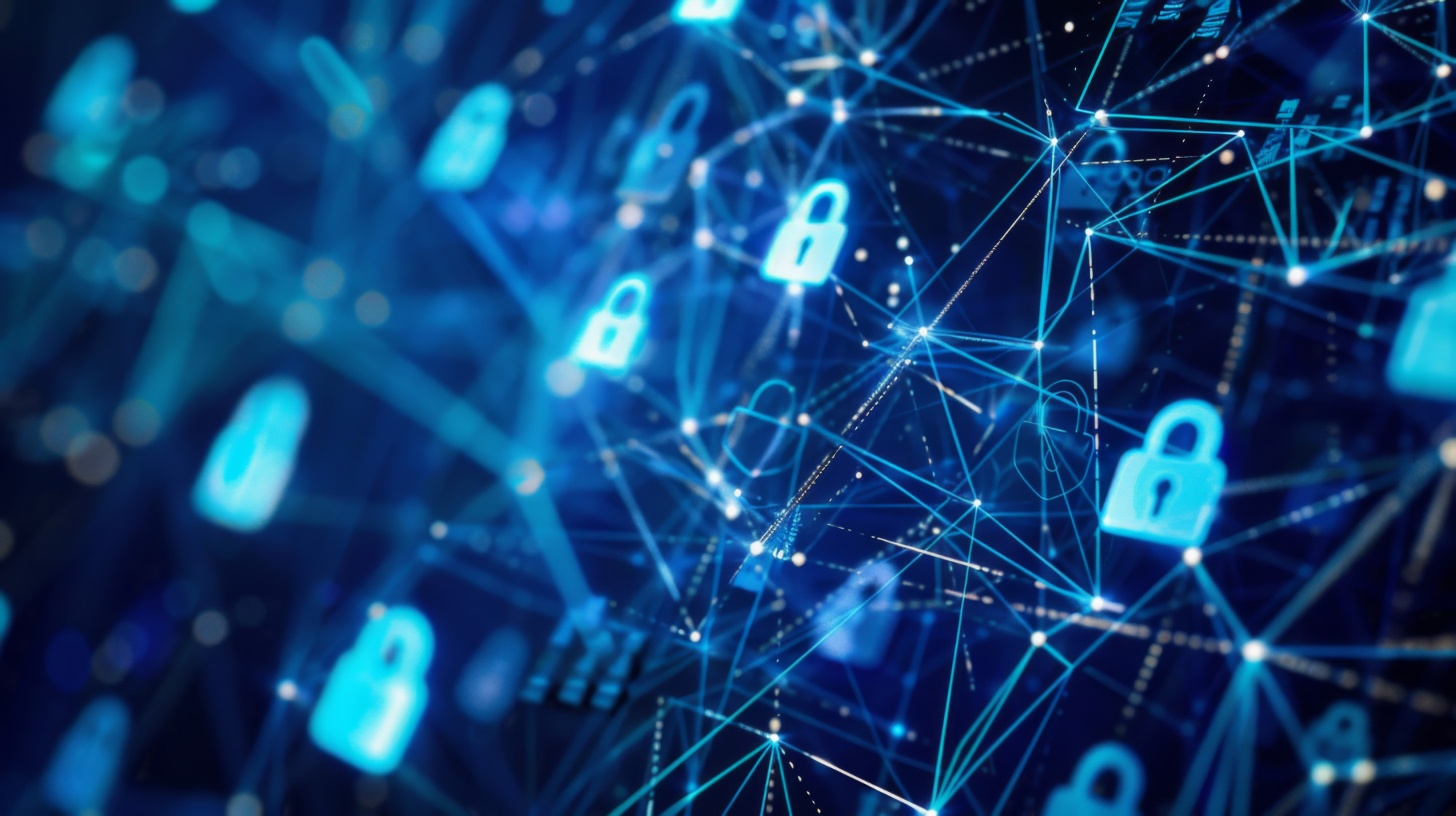 A network of interconnected lines and nodes with glowing blue lock icons, representing digital security and data protection.