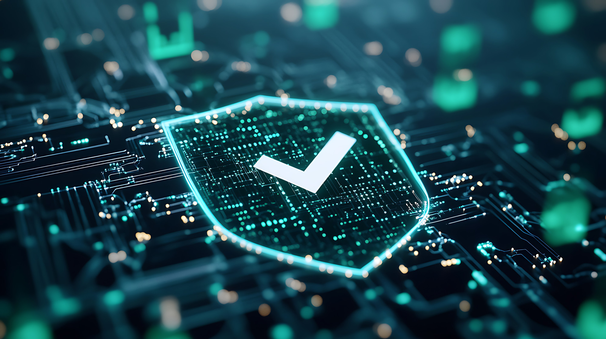 A glowing shield with a check mark at its center, set against a backdrop of digital circuitry and green data elements, symbolizing security and verification in technology.
