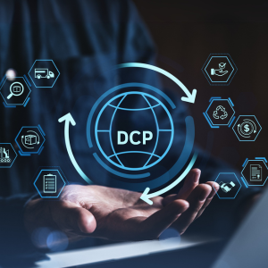 A hand is reaching out toward a floating globe with the letters "DCP" at the center, surrounded by various icons representing digital concepts, analytics, and transaction processes.