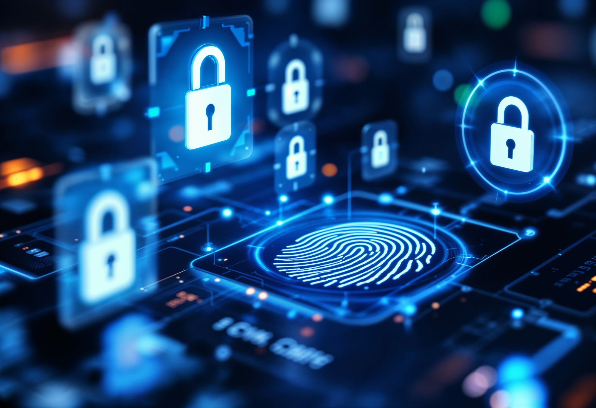 A digital interface with a series of padlock icons and a central fingerprint design, representing cybersecurity and biometric authentication. The background features a network-like structure with glowing elements.