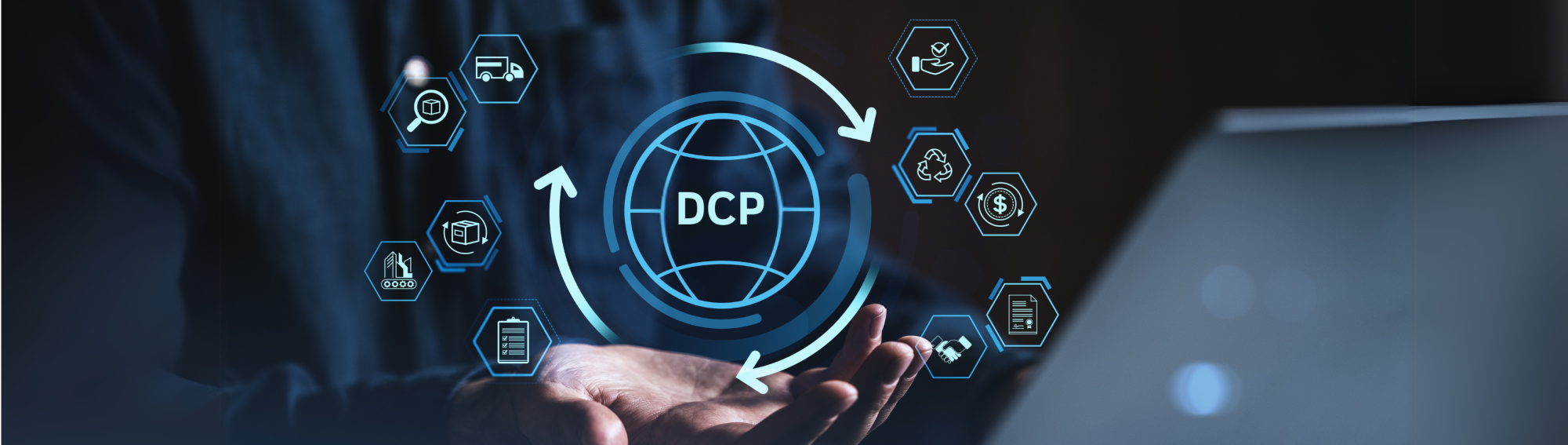 A person holding their hands out with digital icons surrounding a globe labeled "DCP." The icons represent various services like delivery, finance, and data management, all interconnected with arrows.