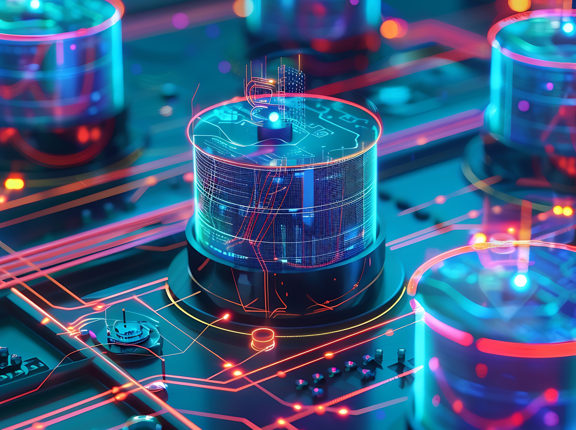 Futuristic circuit board featuring glowing cylindrical components with digital patterns and intricate neon lines connecting them.