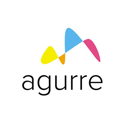 Logo von Aguirre mit bunten, geschwungenen Formen in Gelb, Blau und Pink. Der Schriftzug "agurre" steht in schwarzer Schrift darunter.