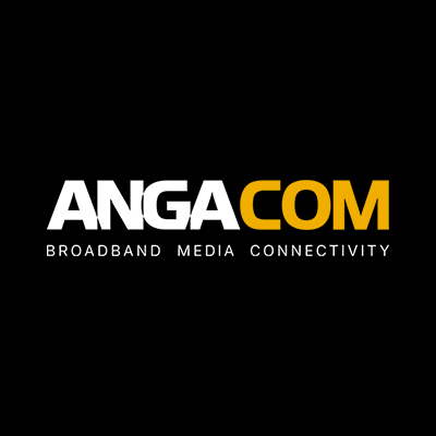 Logo of ANGA COM featuring the word "ANGA" in bold white letters and "COM" in bold yellow letters, with the tagline "Broadband Media Connectivity" in smaller white text below. The background is black.