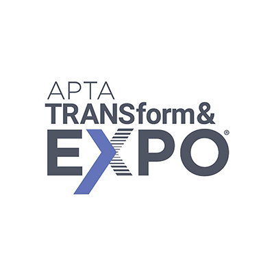 Logo for the APTA Transform & Expo event, featuring the text "APTA" in a bold font, "TRANSform" in a stylized font with an emphasis on "TRANS," and "EXPO" also in bold. The color scheme includes shades of gray and blue.