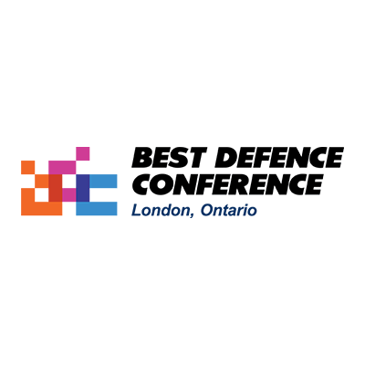 Logo der Best Defence Conference. Farbige geometrische Formen in Orange, Blau und Lila neben dem Schriftzug. Veranstaltungsort: London, Ontario.