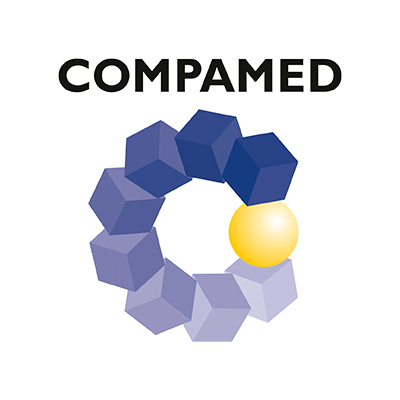 Das Logo von Compamed zeigt eine stilisierte Anordnung von hexagonalen Formen in verschiedenen Blautönen, umgeben von einer gelben Kugel. Der Schriftzug "COMPAMED" steht in fetter, schwarzer Schrift darüber.