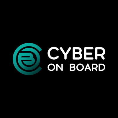 Logo featuring the text "CYBER ON BOARD" with a stylized "B" enclosed in a circular design, set against a black background. The color scheme includes shades of teal and white.