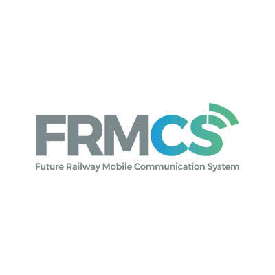 Logo for the Future Railway Mobile Communication System (FRMCS), featuring the acronym "FRMCS" in grey and a stylized wireless signal icon in light blue and green.