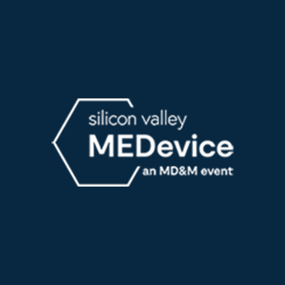 Logo for Silicon Valley MEDevice, an MD&M event, featuring a hexagonal outline and modern typography against a dark blue background.