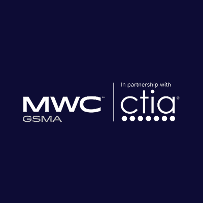 Logo featuring the letters "MWC" and "GSMA" alongside "ctia" in a modern font, set against a dark background. There is a partnership mention included.