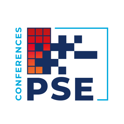 Logo für PSE-Konferenzen mit einem grafischen Muster aus Farbquadraten in Rot- und Blautönen.