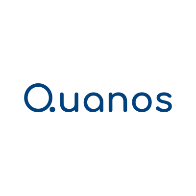 Das Logo von Quanos in blauer Schrift auf weißem Hintergrund. Die Schriftart ist modern und klar, mit jeweils einem runden Symbol neben dem "Q" und "u".