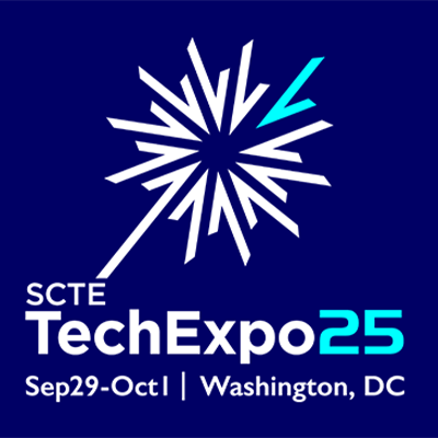 Logo for SCTE TechExpo 25 featuring a stylized spark graphic. Text includes event name, date range of September 29 to October 1, and location in Washington, DC.
