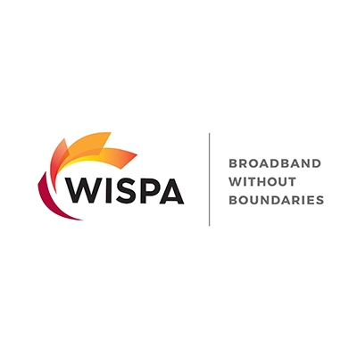 Logo von WISPA mit einem kreativen Design in Orange-, Rot- und Gelbtönen. Der Slogan „Broadband without Boundaries“ steht daneben.