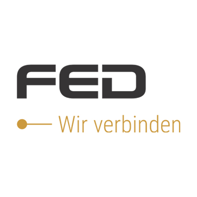 Logo featuring the letters "FED" in bold black font, accompanied by the tagline "Wir verbinden" in a light gold color.