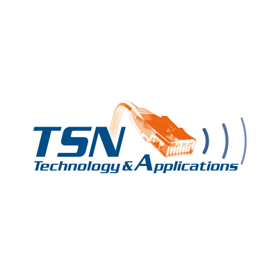 Logo featuring the letters "TSN" in blue and "Technology & Applications" below in a modern font. An orange network cable extends from the "N" with signal waves emanating from it.