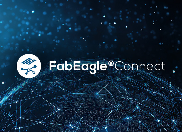 The image features the logo for FabEagle® Connect over a dark background with abstract blue and white digital lines and nodes, suggesting a global network or connectivity theme.