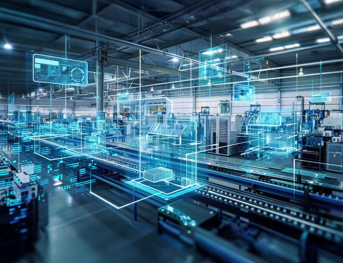 Futuristische Fabrikhalle mit digitalen Schnittstellen und holografischen Darstellungen von Maschinen und Datenströmen. Maschinen stehen entlang eines Produktionsbands.