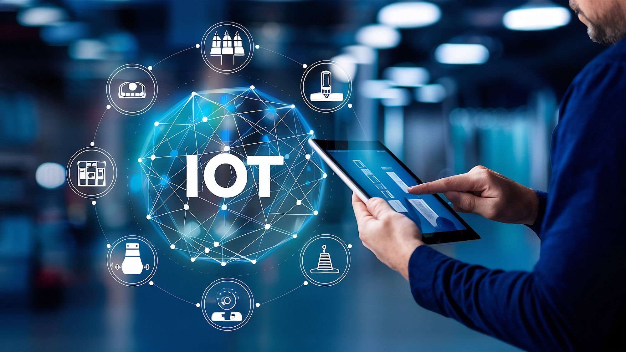 A person using a tablet, surrounded by icons representing various Internet of Things (IoT) devices. The central focus is the bold text "IOT" within a network graphic, conveying a tech-themed atmosphere.