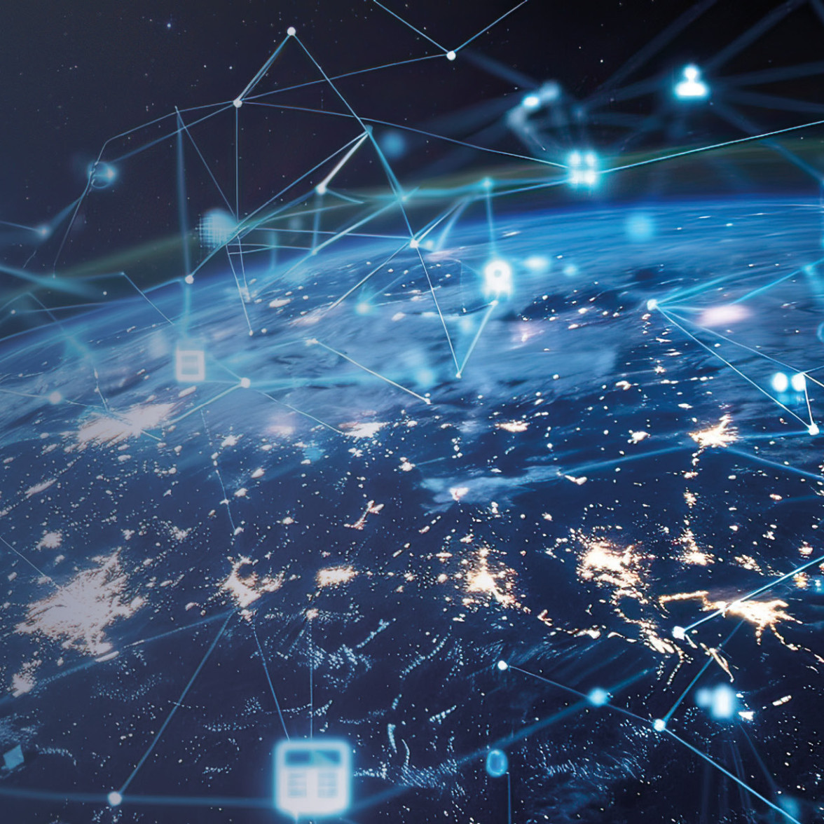 A view of Earth from space at night, showcasing illuminated cities and regions. Digital network lines and icons overlay the globe, representing connectivity and data exchange.