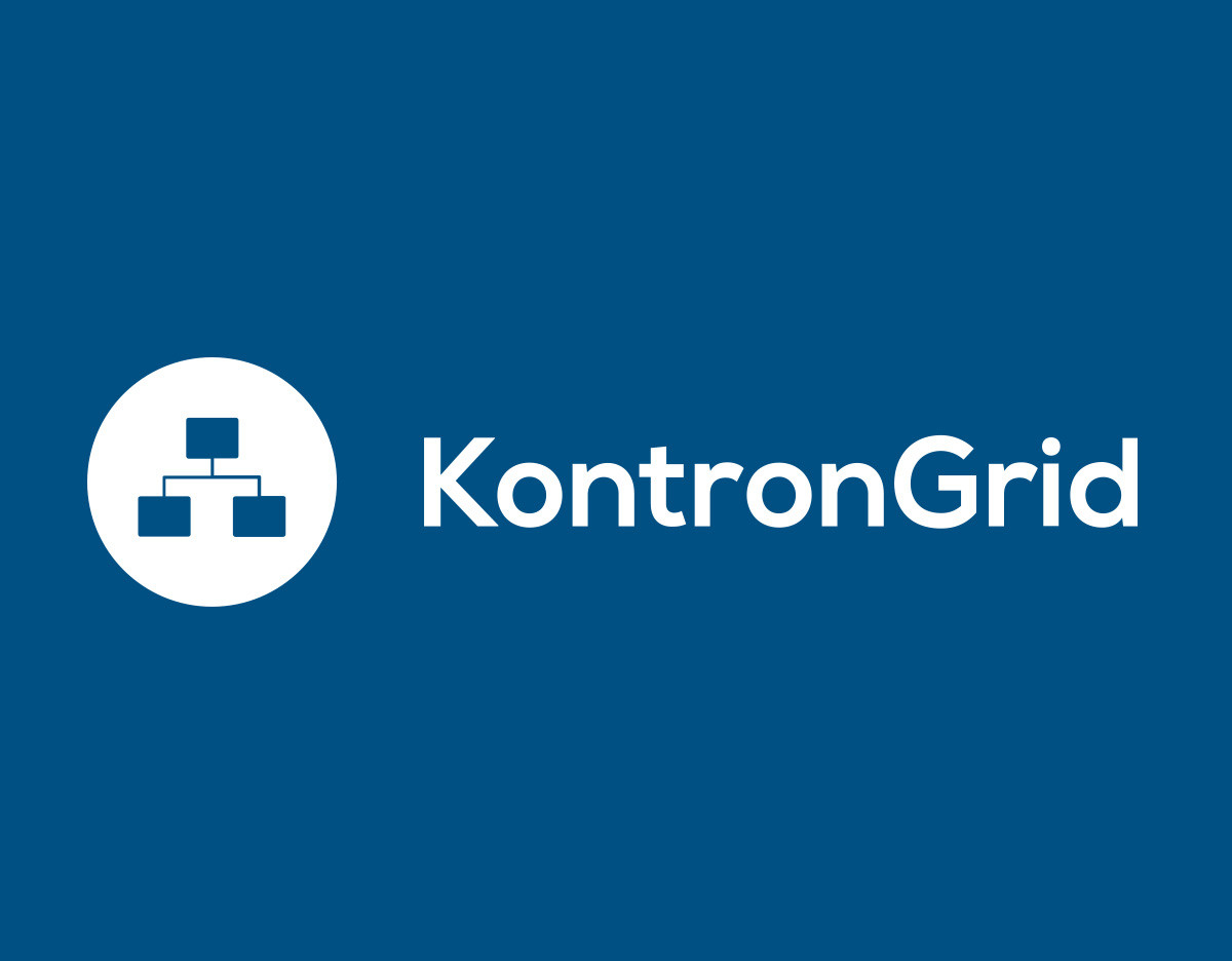 KontronGrid logo featuring a white circular icon with a network diagram and the name "KontronGrid" in bold white text on a blue background.