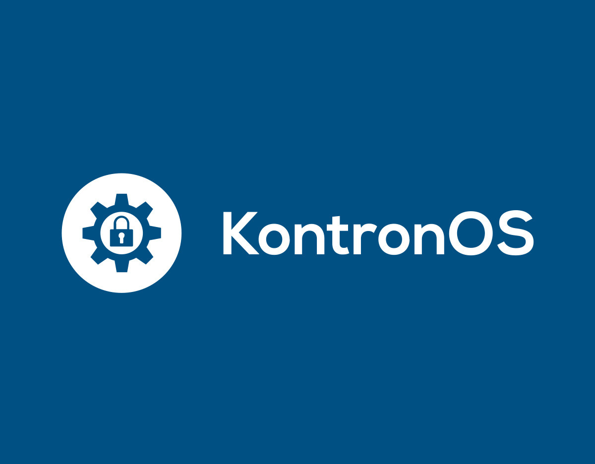 Logo featuring a white gear with a padlock inside, set against a blue background. The text "KontronOS" appears next to the logo in a bold, modern font.