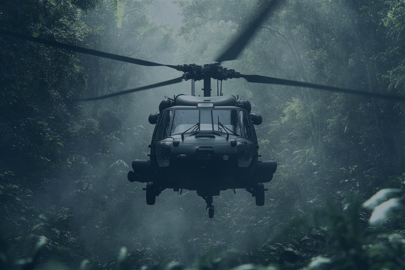 A military helicopter hovers above a dense, misty jungle, with its rotor blades in motion, surrounded by lush green foliage.